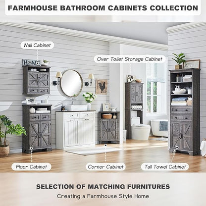 ACCOHOHO Bathroom Wall Cabinet, Farmhouse Medicine Cabinet, 24" Wide Cabinet with Drawer, Adjustable Shelf, Double Barn Doors, Storage Cabinet for Bathroom, Kitchen, Living Room, Grey Wash