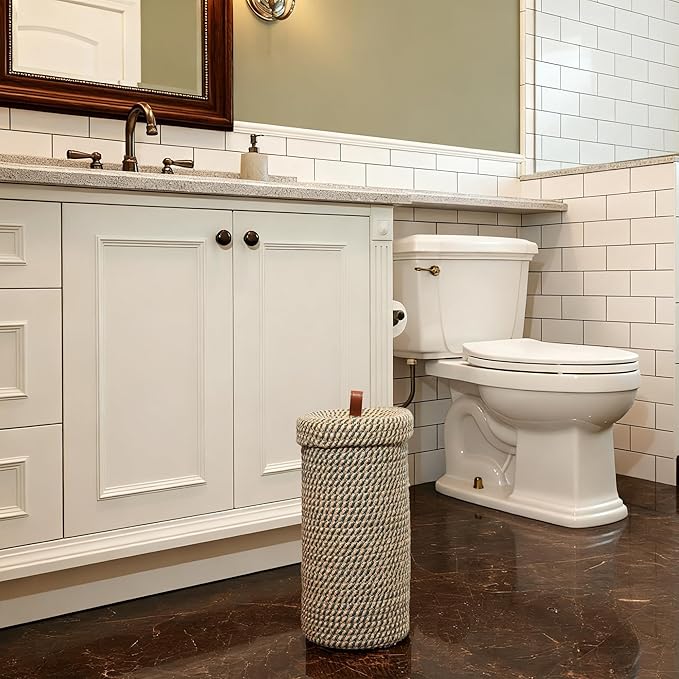 Handmade Cotton & Jute Toilet Paper Holder – Woven Toilet Paper Stand & Storage Basket with Lid, Freestanding Organizer for Bathroom, Fits 3 Rolls Green