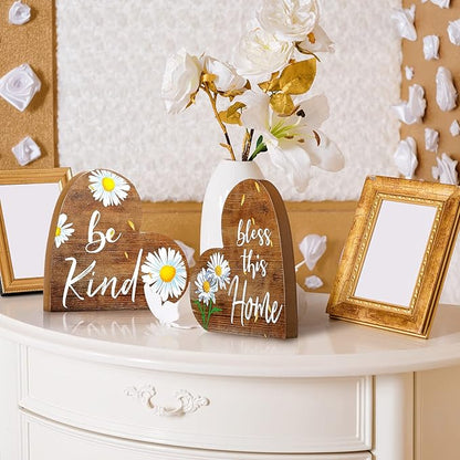Jetec 2 Pcs Rustic Table Decorations for Living Room Home Decor Farmhouse Valentines Day Centerpiece Small Love Wooden Heart Decor for Dining Room Shelf Valentines Gift Decoration(Daisy Style)