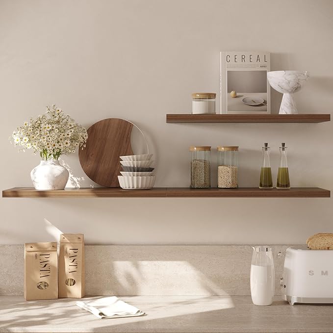 JPND Wall Shelf Set of 3, Walnut Floating Shelves 24 in W x 10 in D x 1 in H, Wooden Floating Wall Shelf with Invisible Brackets for Living Room/Bedroom/Bathroom/Kitchen Storage and Decor