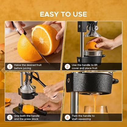 CO-Z Manual Citrus Juicer, Commercial Grade Cast Iron Orange Juicer, Professional Heavy Duty Juice Press with Removable Strainer, Manual Juice Extractor for Orange Lemon Pomegranate Citrus, Black