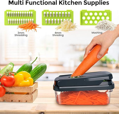 Yusshn Vegetable Chopper,12-in-1 Multifunctional Food Chopper,Professional Onion Chopper with 7 Blades,Vegetable Cutter with Container for Salad,Potato,Carrot,and Garlic; Essential Kitchen Tool(Grey)