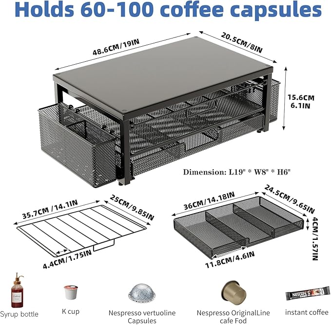 Metal Coffee Pod Holder for 80 Capsules with Storage Drawer & 2 Accessory Holders,2 Tier K Cup Holder Organizer for Countertop,Black