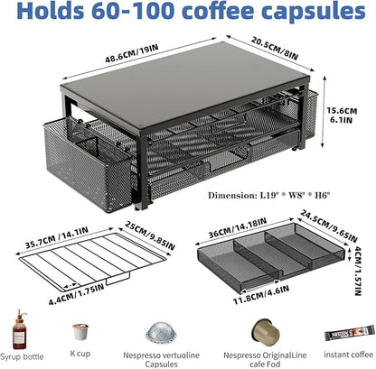 Metal Coffee Pod Holder for 80 Capsules with Storage Drawer & 2 Accessory Holders,2 Tier K Cup Holder Organizer for Countertop,Black