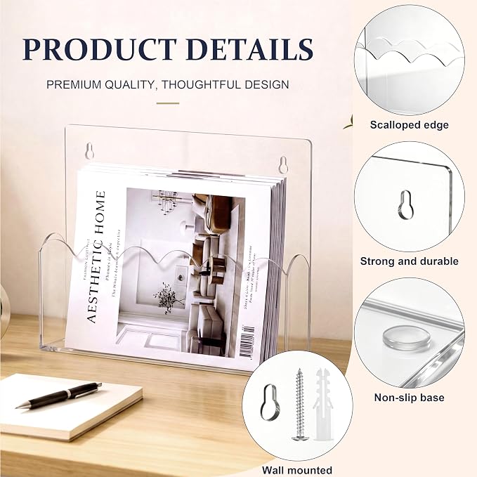2 Pack Scalloped Acrylic File Holder Wall Mount Self Adhesive, 13 x 9.5 Inch Brochure Holder for A4 Pocket Storage Letter Folders Magazine Mail Organizer Literature Display