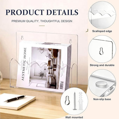 2 Pack Scalloped Acrylic File Holder Wall Mount Self Adhesive, 13 x 9.5 Inch Brochure Holder for A4 Pocket Storage Letter Folders Magazine Mail Organizer Literature Display