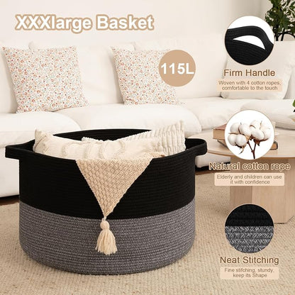 OIAHOMY 115L Extra Large Blanket Basket for Living Room, 23.6" x 15.4" Woven Cotton Rope Laundry Basket for Organizing Pillows, Decorative Stuffed Animal Toy Storage for Nursery, Black and Grey