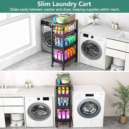 Vivihomety Utility Slim Storage Cart with Wheels, 4-Tier Narrow Rolling Organizer Shelf with Wood Top, Metal Storage Rack and Space-Saving Organizer for Bathroom, Kitchen, Laundry Room, Small Spaces