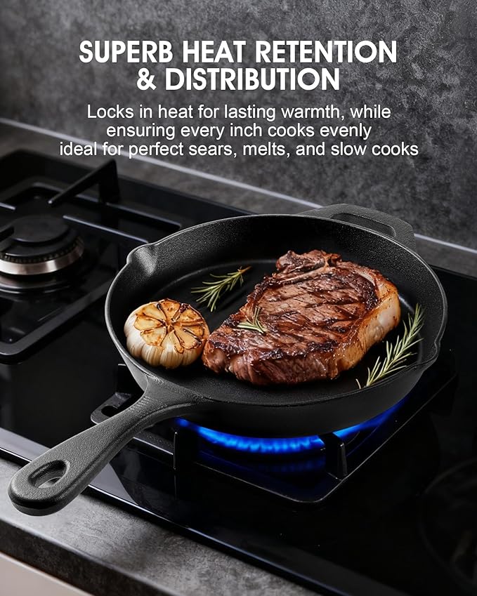 Cast Iron Skillets, 8 Inch Frying Pan with Teardrop Handle, Oven Safe, Durable Camping Cookware for Stove & Grill Use, Indoor/Outdoor