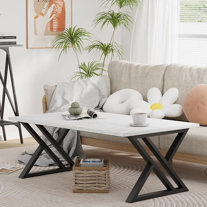 Wolawu Coffee Table White Living Room Center Table, Simple Modern Faux Marble Rectangular Tea Table with Sturdy Black Metal Frame,Industrial Wooden Coffee Table for Bedroom Home Office