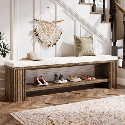 63" Solid Wood Entryway Bench, Farmhouse Upholstered End of Bed Bench with Removable Faux Lambswool Cushion and Fluted Legs, Indoor Long Ottoman for Bedroom, Entryway, Dark Brown