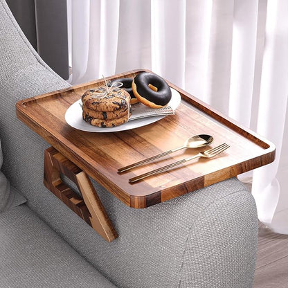 Acacia Wood Couch Arm Tray,Folding Sofa Armrest Tray,Couch Arm Table Clip-On Couch Desk for Drinks, Snacks,Phone,Remote Control