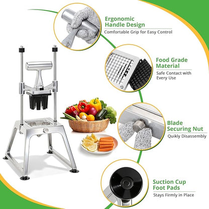 Commercial Vegetable Chopper & French Fry Cutter, Stainless Steel Manual Dicer, 3 Blades (1/4", 3/8", 8-Wedge), Suction Base, Fast Tomato Onion Potato Cutter for Restaurant & Home Kitchen
