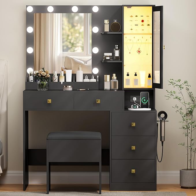 Vanity Desk with Mirror and Lights,Makeup Table & RGB Storage Cabinet,Large Drawer & Storage Shelves,5 Drawer,Bedroom Dressing Table, Black