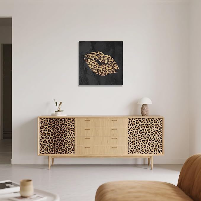 Fashion Lip Canvas Wall Art Sexy Leopard Lip Decor Cheetah Bathroom Decor Framed Artwork for Bedroom Bathroom Dressingroom 24x24Inch