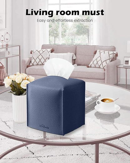 Tclouda Tissue Box Cover for PU Leather, Modern Simple Solid Color Holder Square Tissue Bag, Ideal for Bathrooms,Office,Car,Outdoor Tent,Dining Table,5"X5"X5", Double Navy Blue