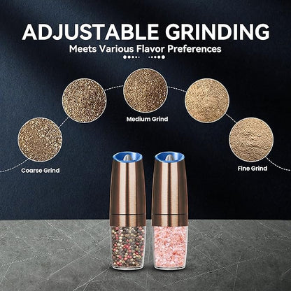 UNNEES Gravity Electric Salt and Pepper Grinder set of 2, Automatic Salt And Pepper Grinder Set, Adjustable Roughness, Battery Powered, LED Light, 2 Pack, (Copper)