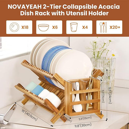 NOVAYEAH Acacia Wooden Dish Drying Rack for Kitchen Counter 2-Tier Collapsible Bmaboo Dish Drying Rack with Utensil Holder-Large Folding Dish Drainer Rack with Flatware Holder 34 pcs Grid