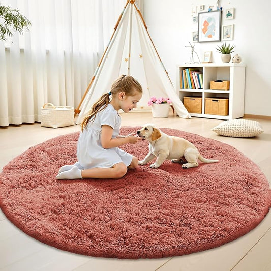 OLANLY Rust Red Round Rugs for Bedroom - Machine Washable, 5 ft Circle Area Rugs for Living Room, Soft and Fluffy Shaggy Carpet for Teen Girl and Boys, Nursery Rooms, Dorms, Home Decor Aesthetic