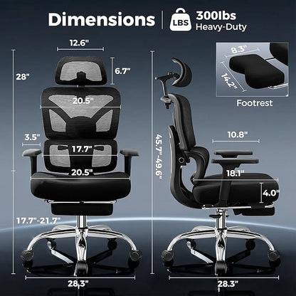 Ergonomic Office Chair with Footrest, Big and Tall Home Desk Chair, High Back Rolling Computer Chair with 3D Arms and Lumbar Support, Comfortable Gaming Chair, Swivel Mesh Chairs, Black