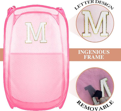 Collapsible Pop Up Laundry Hamper, Extra Large with Removable Initial Letter M, Mesh Foldable Laundry Basket, 28" x 16" x 16" (Pink)