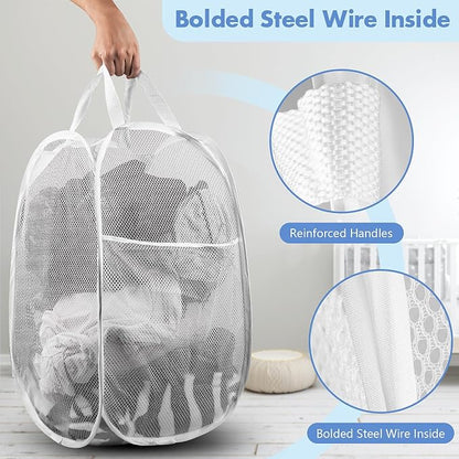 DUCOO Pop Up Laundry Hamper, 70L Collapsible Mesh Laundry Basket with Side Pocket, Foldable Dirty Clothes Hamper with Sturdy Reinforced Handles for Home Dorm Bedroom Travel Storage, White, 2Pack