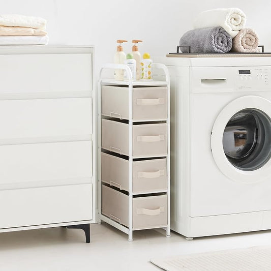 MAX Houser 4 Drawer Narrow Dresser Fabric Storage Tower Vertical Slim Storage Chest Organizer Nightstand Side/End Table Small Standing Organizer Removable Drawers Wood Top for Bedroom, Bathroom(Beige)