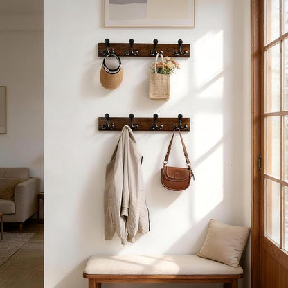 SKOLOO 24-Inch Walnut Wood Coat Rack Wall Mount with 4 Triple Hooks - Ideal for Family Entrances, Classrooms, and Pet Supplies Storage - Perfect Coat Hooks for Wall