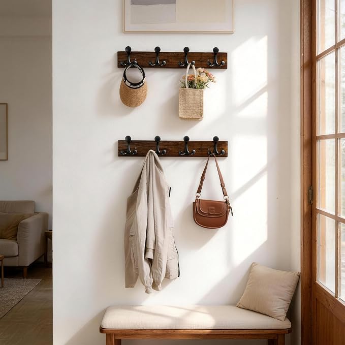 SKOLOO 24-Inch Wood Burnt Coat Rack Wall Mount with 4 Triple Hooks - Ideal for Family Entrances, Classrooms, and Pet Supplies Storage - Perfect Coat Hooks for Wall, Pack of 2