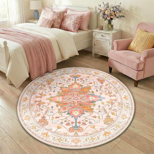 RELEANY Area Rugs Round 4ft Washable Non-Slip, Floral Vintage Distress Medallion Carpet for Living Room Bedroom Dining Room, Light Pink Colorful