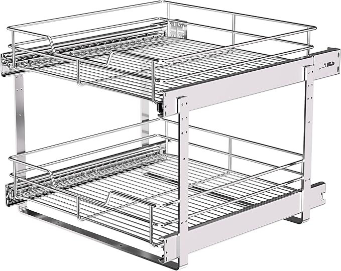 JOWBOOW 2-Tier Cabinet Pull Out Shelves 17x22 Inch, Heavy Duty Slide Out Drawer for Kitchen Base Cabinets, Easy Install U-Brackets, Independently Sliding Wire Basket Organizer, Holds 100 Lbs