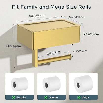 FORIOUS Toilet Paper Holder with Shelf, Sanitary Napkin Receptacle Tampon Holder, Wall Mount Toilet Paper Holder with Storage, Flushable Wipes Dispenser Fits for Bathroom Commercial(2, Brushed Gold)