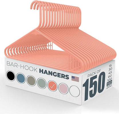 Neaties Plastic Hangers 100+ Pack (150 Count) – Made in The USA – 6lb Capacity Standard Clothes Hangers with Strap Hooks for Dresses, Lingerie, Shirts, Pants, and Jackets – Peach