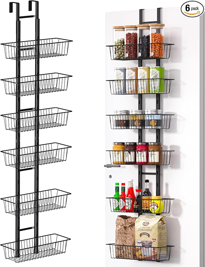 LUXEAR Over the Door Pantry Organizer, 6-Tier Adjustable Over the Door Hanging Spice Rack, No-Assembly Foldable Metal Over the Door Organizer for Kitchen, Home, Laundry Room, Bathroom