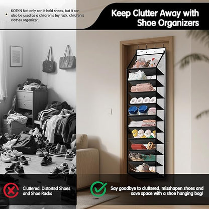 10 Tier Hanging Shoe Rack - Heavy Duty Behind The Door Hanging Shoe Rack, Sturdy Oxford Cloth, 20+ Pairs Over The Door Shoe Cabinet for Boots and Sneakers - Save 50% Closet Space! (Piano White)