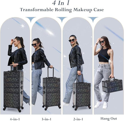 Stagiant Rolling Makeup Case Cosmetology Case on Wheels 4 in 1 Large Makeup Travel Case Nail Kits Organizer Train Case with Key Make Up Artist Salon Storage Traveling Cart Trunk Black Star