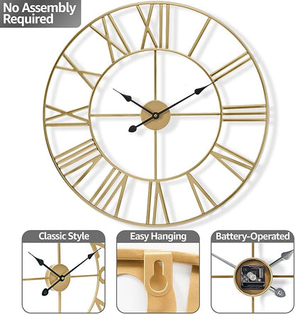 Sorbus Large Wall Clock for Living Room Decor - 24 inch Big Wall Clock Decorative - Battery Operated - Roman Numeral Analog Large Clock for Bedroom, Room, Home, Kitchen, Office, Wall Decor (Gold)