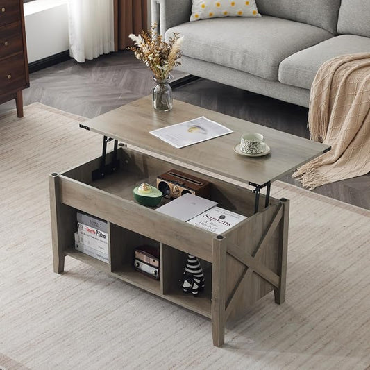 VINGLI Farmhouse Lift Top Coffee Table, Rustic Grey with Storage Shelf/Hidden Compartment, Mesa De Centro para Sala, Rustic Brown (Grey, 40" L)