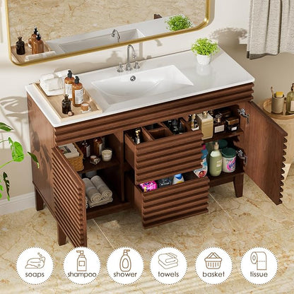 ROOMTEC 48" Bathroom Vanity with Sink, Mid-Century Freestanding Bathroom Vanity Sink with Storage, Undermount Ceramic Sink, Cabinet Particleboard Frame with Wood Grain Laminate, Walnut