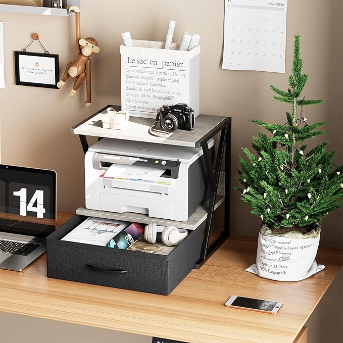 aboxoo Printer Stand for Desk with Storage Drawer, 2 Tier Desktop Or Under Desk Shelf, Multi-Purpose Desks Organizer for Home Office, fit Fax Machine/3D Printer/Scanner, Grey
