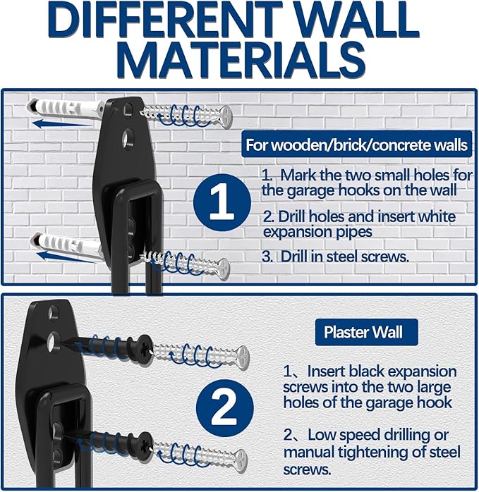 3-H Garage Wall Hooks 14 Pack,Garage Hooks Heavy Duty with Extra Welding Spots,Wall Mount Storage Organizer for Hanging Garden Lawn Tools,Ladder,Bike,WeedEater,Chair,Shovel,Blower(Black)