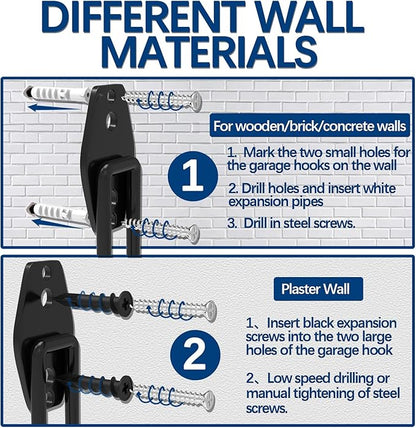 3-H Garage Wall Hooks 14 Pack,Garage Hooks Heavy Duty with Extra Welding Spots,Wall Mount Storage Organizer for Hanging Garden Lawn Tools,Ladder,Bike,WeedEater,Chair,Shovel,Blower(Black)
