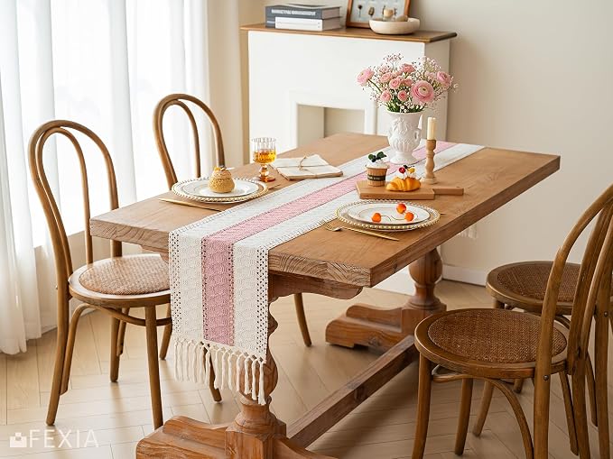 FEXIA Boho Table Runner Summer Home Decor with Tassels 72 Inches Long Pink Farmhouse Rustic Table Runner Burlap Centerpieces for Tables Decoration for Living Room (12x72 Inches)