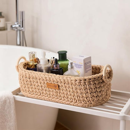 Handwoven Toilet Paper Storage Basket with Wooden Base & Handles - Boho Modern Decor Organizer for Bathroom, Bedroom, Nursery Shelf (Brown)