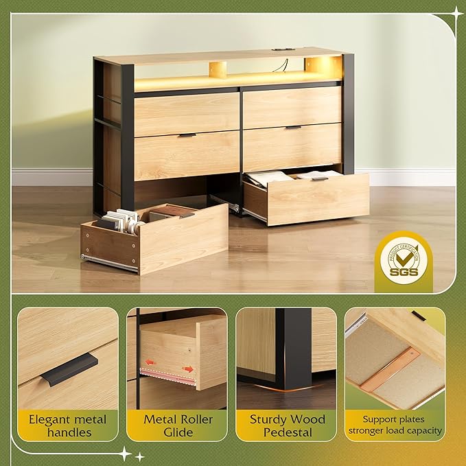 WLIVE 6 Drawer Led Dresser for Bedroom, 51" Wood Dresser with Charging Station for 55" TV, Dressers with Open Shelves, Hanging Rack, Chest of Drawers for Closet, Living Room, Light Oak