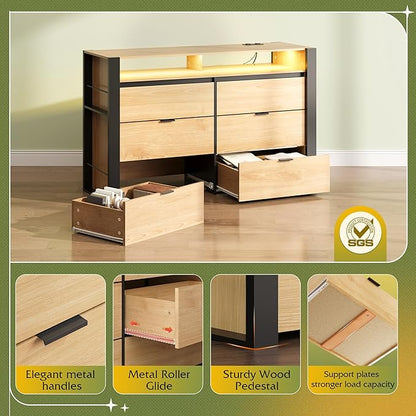 WLIVE 6 Drawer Led Dresser for Bedroom, 51" Wood Dresser with Charging Station for 55" TV, Dressers with Open Shelves, Hanging Rack, Chest of Drawers for Closet, Living Room, Light Oak