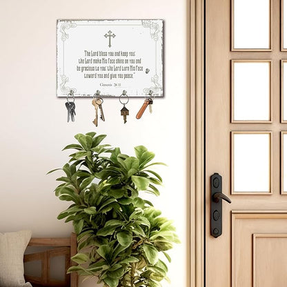 11" x 8" White Vintage Wood Wall-Mounted Key Holder - Genesis - with 4 Metal Hooks for Easy Hanging, Suitable for farmhouses, Homes, bedrooms, Wall Decorations & Gifts (1 Pcs) - A13