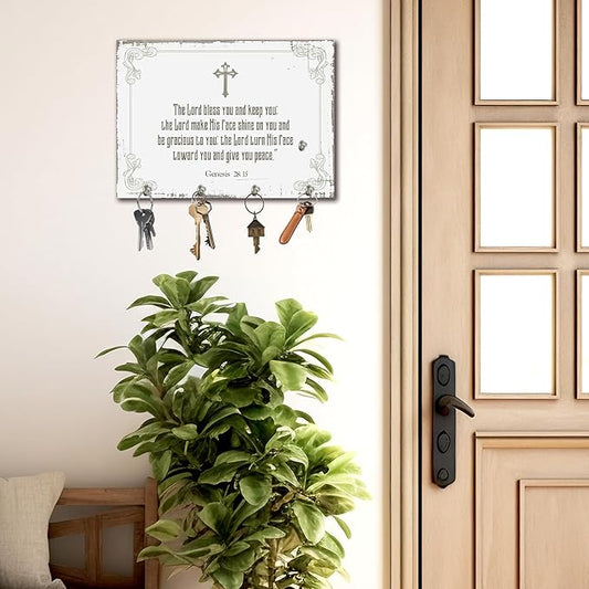 11" x 8" White Vintage Wood Wall-Mounted Key Holder - Genesis - with 4 Metal Hooks for Easy Hanging, Suitable for farmhouses, Homes, bedrooms, Wall Decorations & Gifts (1 Pcs) - A13