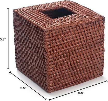 Square Rattan Tissue Box Cover, Hand Woven Wicker Tissue Holder, 5.5 x 5.5 X 5.7 inches, Honey Brown