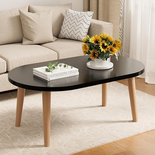 Small Coffee Table, Low Table with Solid Wood Legs, 23.6" Mini Oval Accent Table Side End Table, Floor Table Desk for Sitting on The Floor, Coffee Tea Table for Living Room, Dorm, Apartment, Black